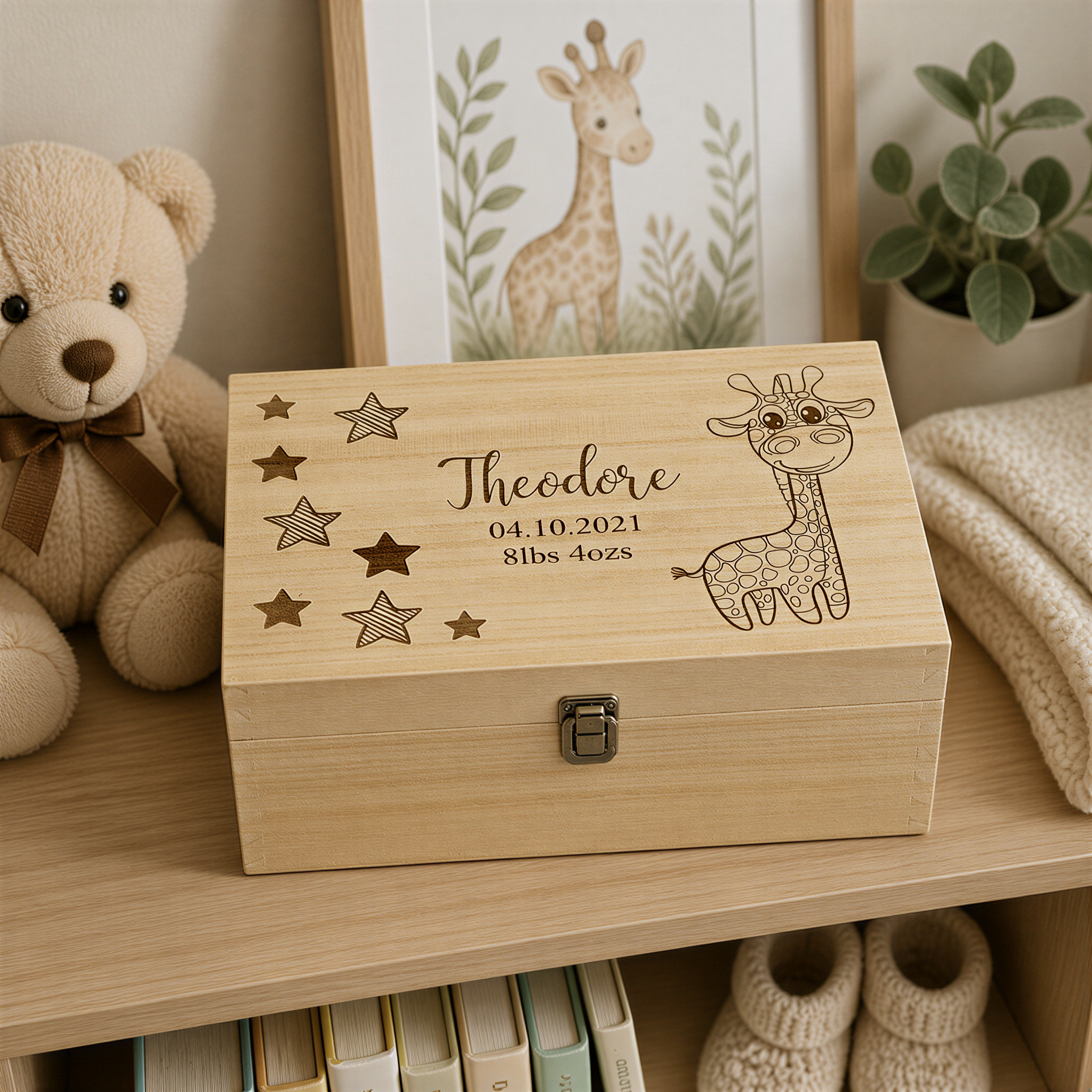 Personalised Baby Gift Wooden Memory Keepsake box Giraffe and Stars Baby Product ukgiftstoreonline