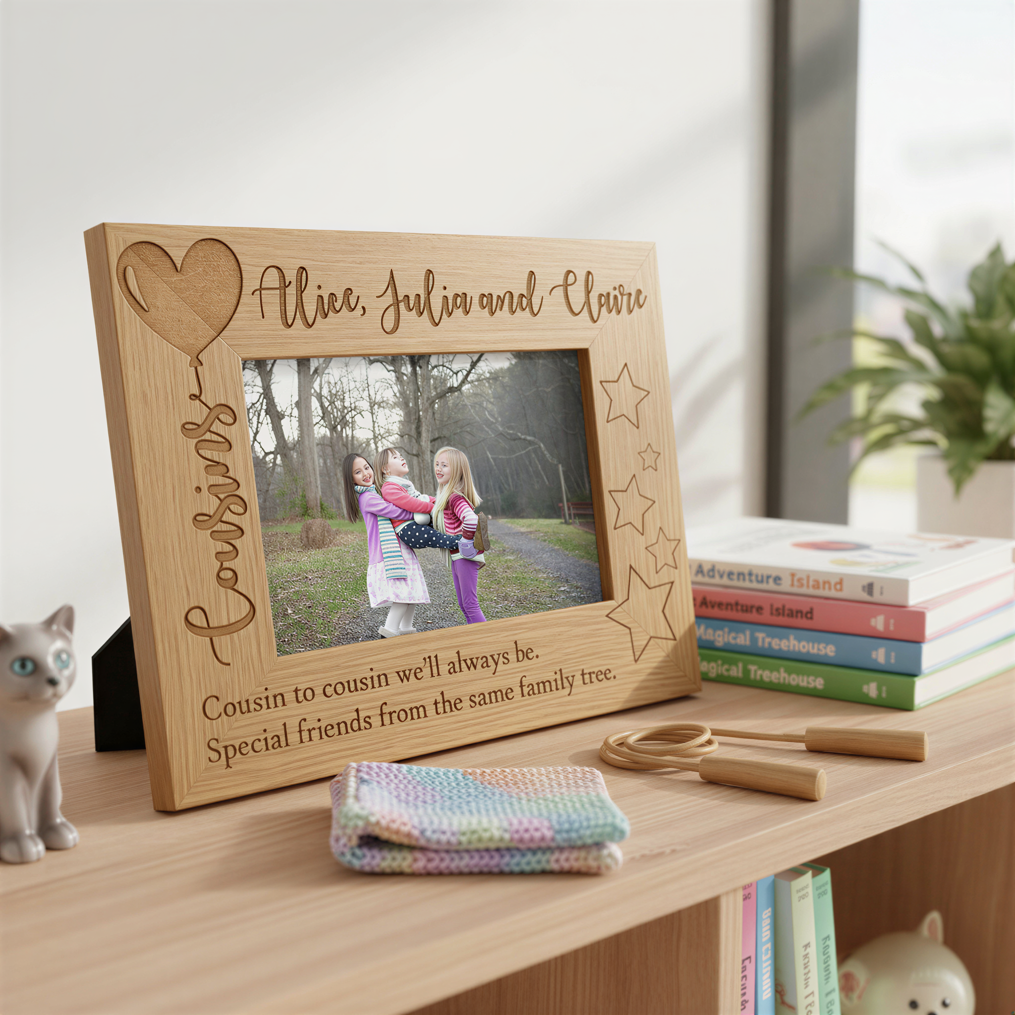 Personalised Cousins Engraved Wooden Photo Frame Balloon Design Photo Frame ukgiftstoreonline