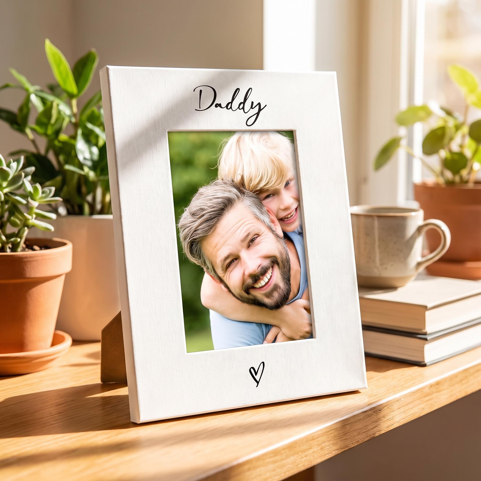 A white picture frame with a photo of a smiling man and a young boy inside, placed on a wooden surface near potted plants and books.