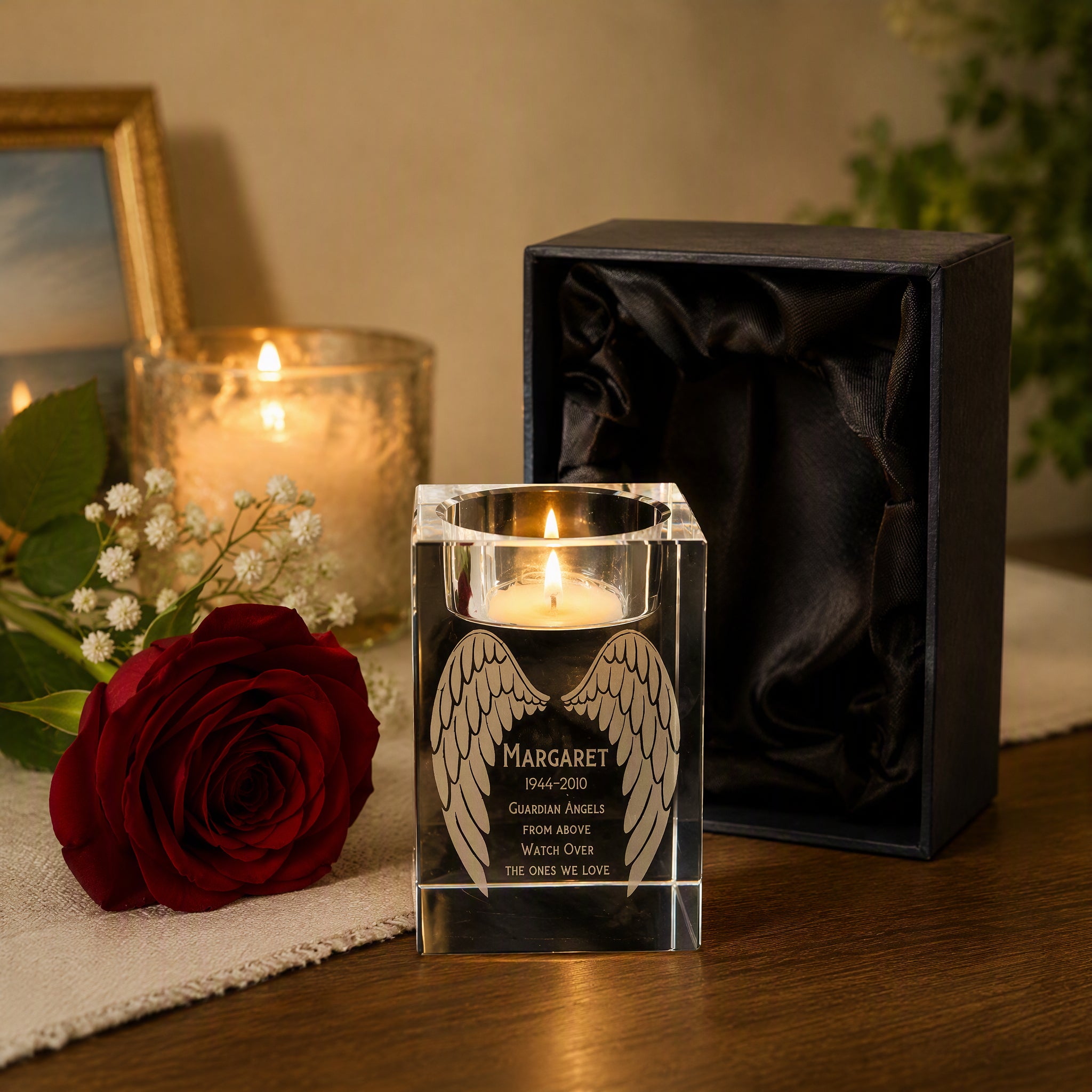 Personalised Crystal Glass Memorial Tea Light Candle Holder Guardian Angel Wings Personalised Crystal Glass ukgiftstoreonline