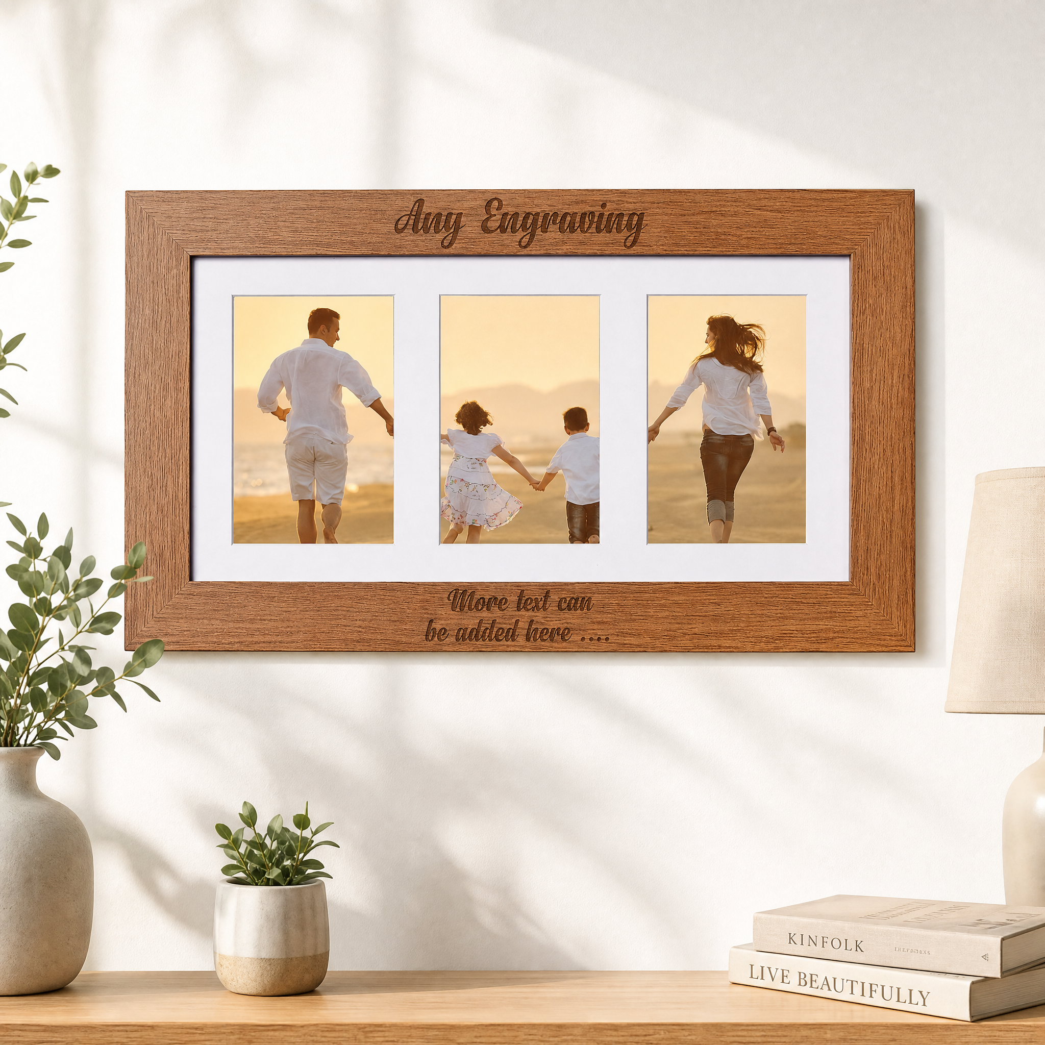 Personalised Wooden Triple Photo 6 x 4 Frame Engraved Any Message Cursive personalised photo frames ukgiftstoreonline