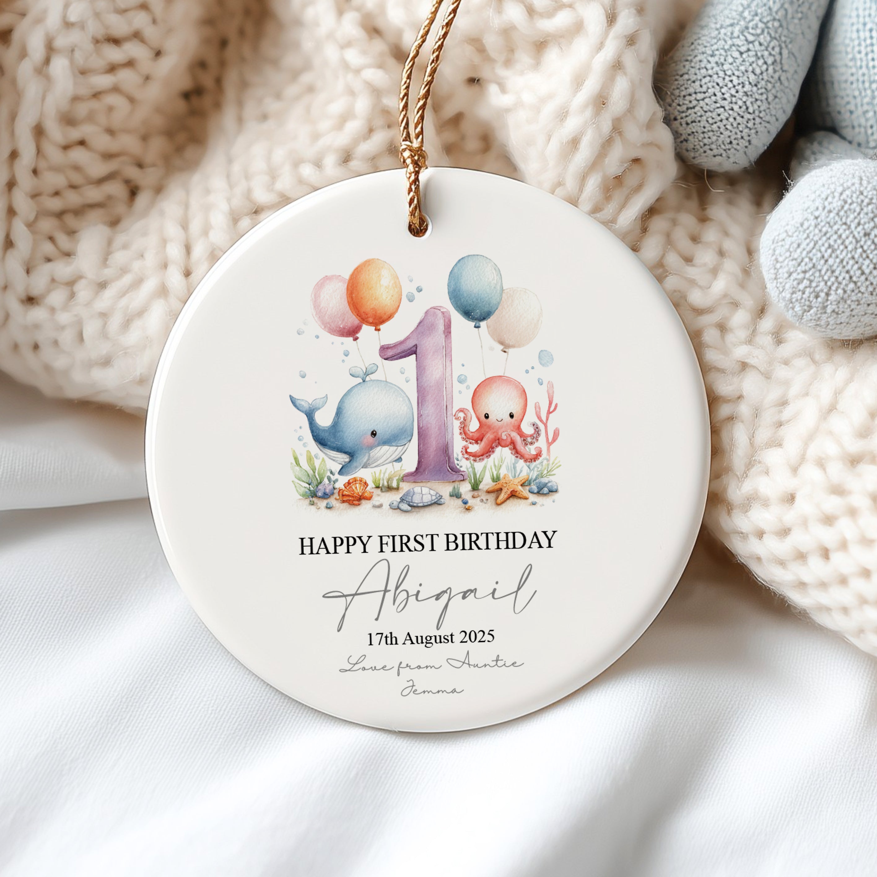 Personalised First Birthday Ornament Keepsake Gift With Sea Mammals Personalised Heart Gifts ukgiftstoreonline Design 3