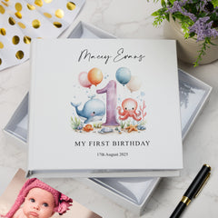 Personalised 1st birthday photo Album Boy or Girl Sea Mammals Theme In Gift Box