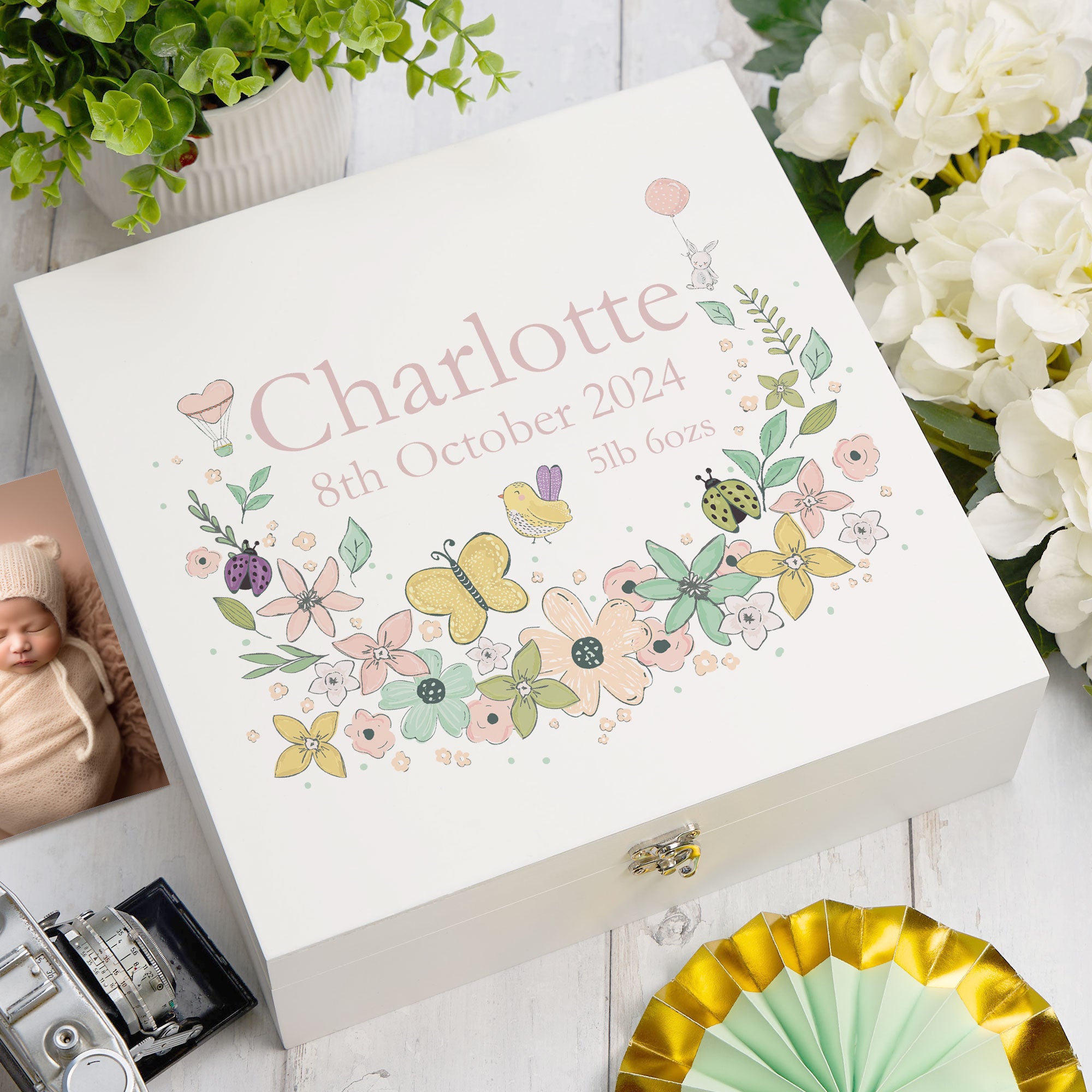 ukgiftstoreonline Personalised Baby Girl Keepsake Memory Box Flower Design UV-3