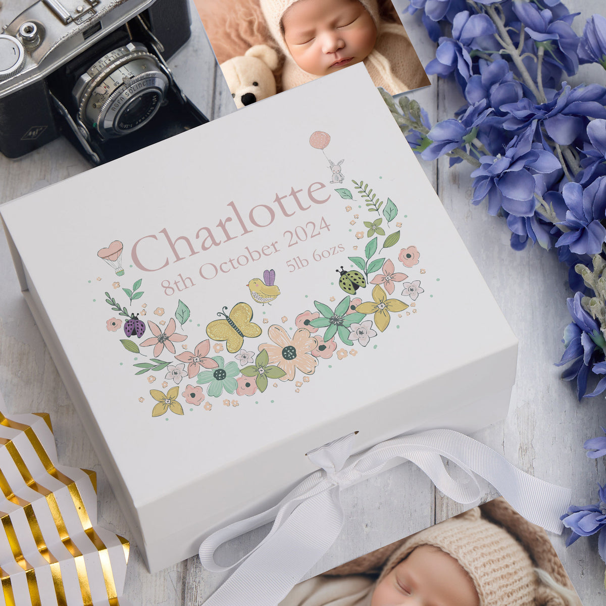 ukgiftstoreonline Personalised Baby Girl Keepsake Memory Box Flower Design UV-3 Keepsake Memory Box ukgiftstoreonline Ribbon Box Medium