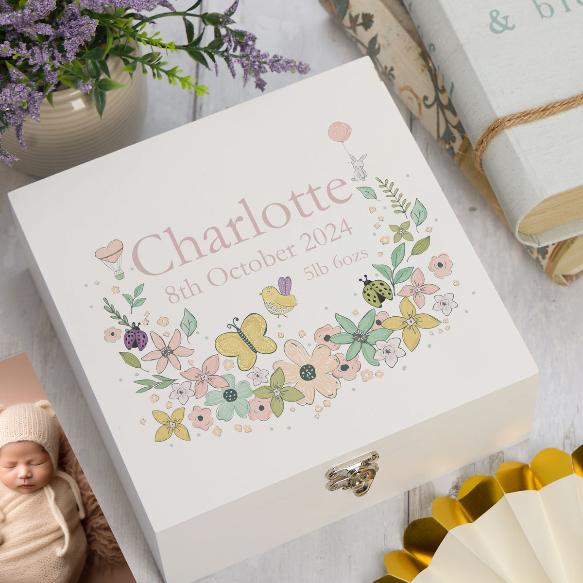 ukgiftstoreonline Personalised Baby Girl Keepsake Memory Box Flower Design UV-3 Keepsake Memory Box ukgiftstoreonline Wood Box Medium