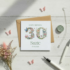 Personalised Luxury Linen 30th Birthday Card, Daughter, Sister Niece Friend, Thirtieth Birthday, Gift Floral Numbers Personalised Cards ukgiftstoreonline