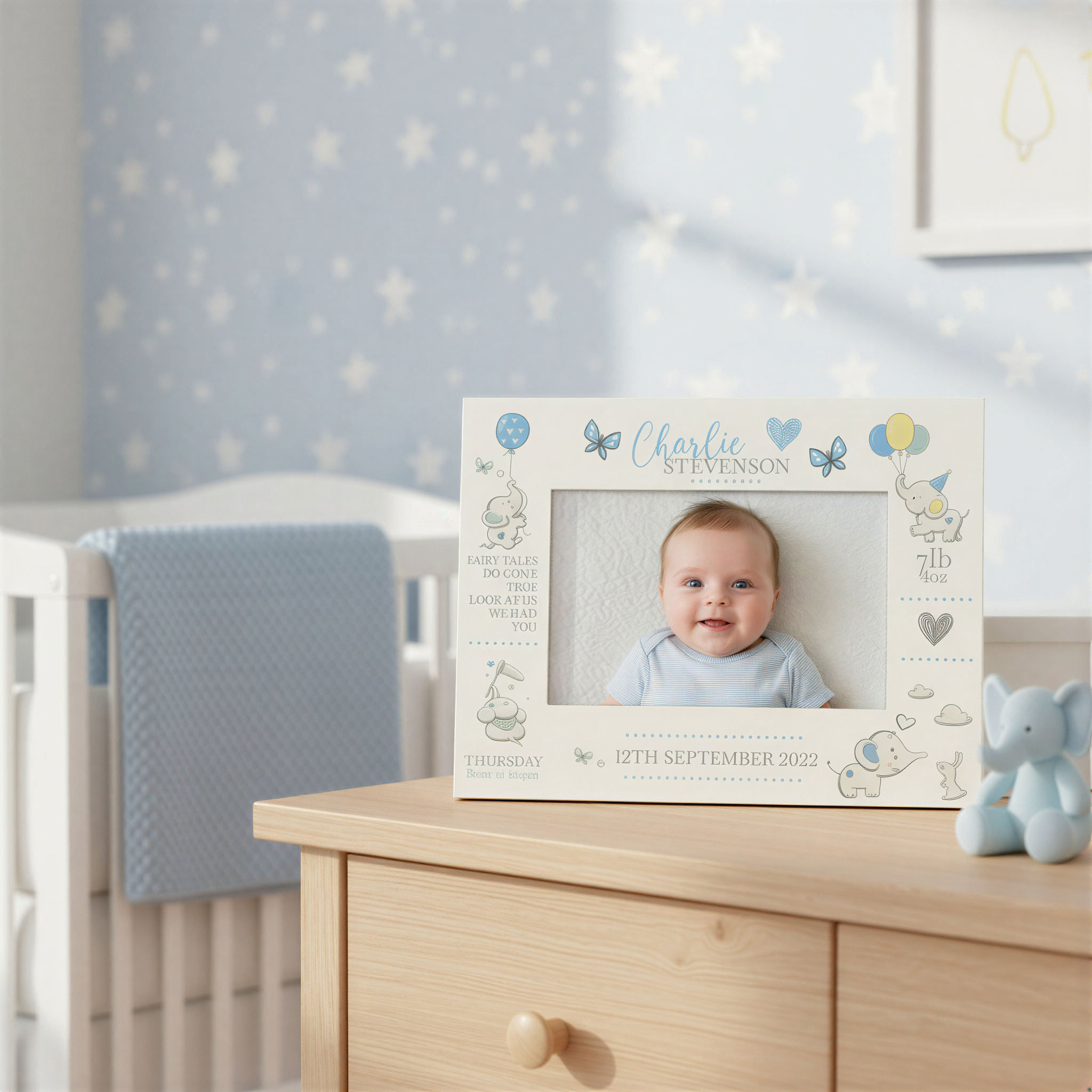 Personalised Baby Photo Frame, Boy Birth Details, Cute Elephant Photo Frame ukgiftstoreonline