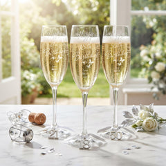Three champagne flutes filled with champagne, each with a personalized message, are placed on a marble table.