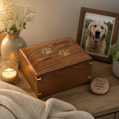 Large Personalised Handmade Wooden Pet Urn Box For Dogs With Brass Paw Inlays ukgiftstoreonline
