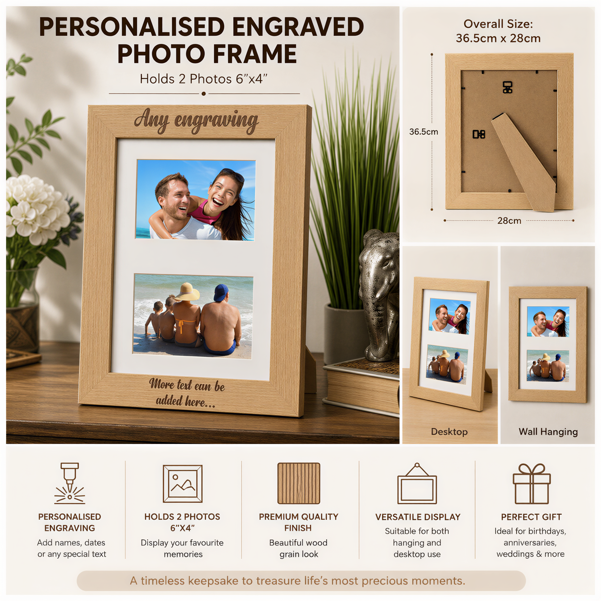 Personalised Engraved Double Wooden Photo Frame Gift Cursive Text personalised photo frames ukgiftstoreonline
