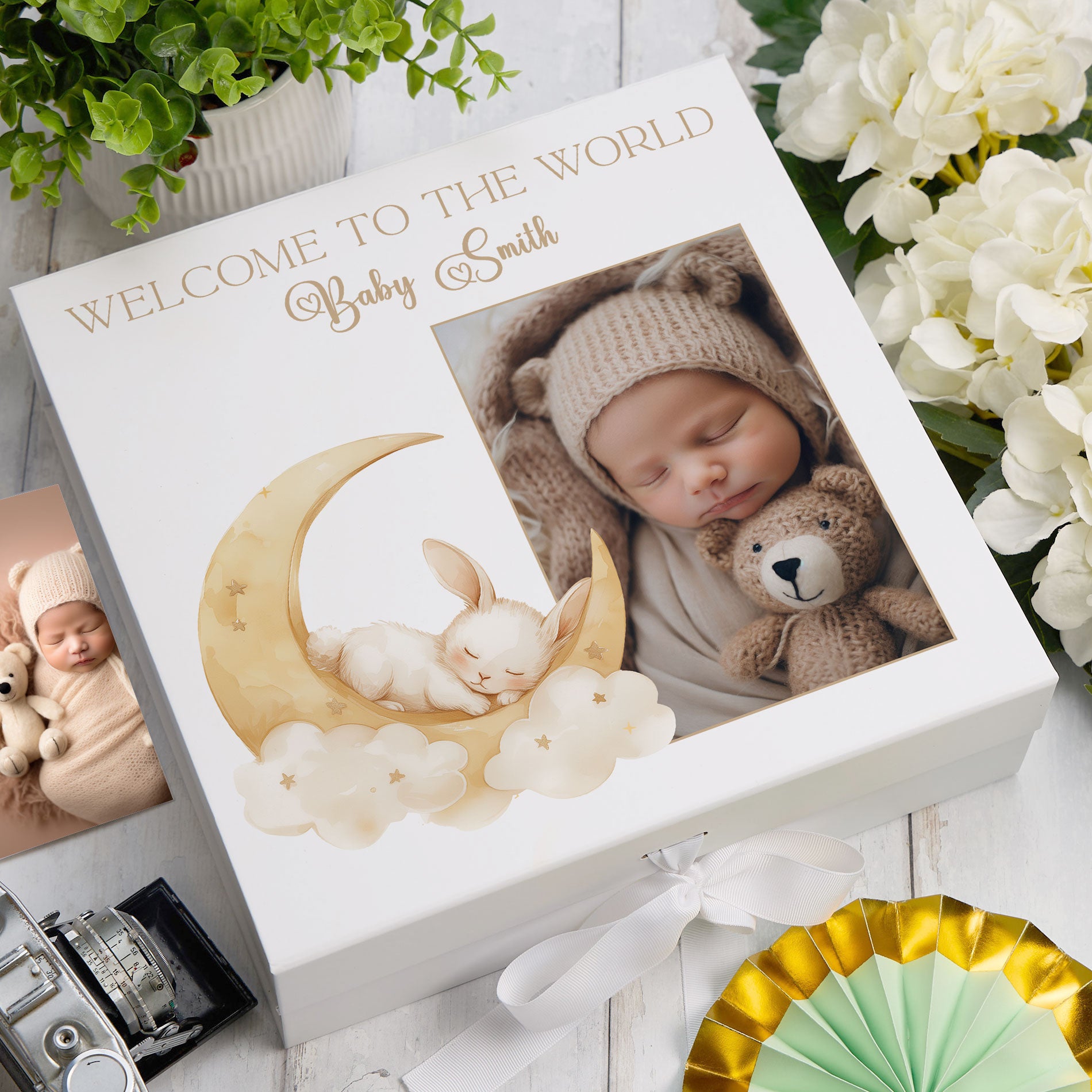 Personalised White Baby Memory Box, Cute Sleeping Animal Design, Keepsake For Special and Favourite Mementos