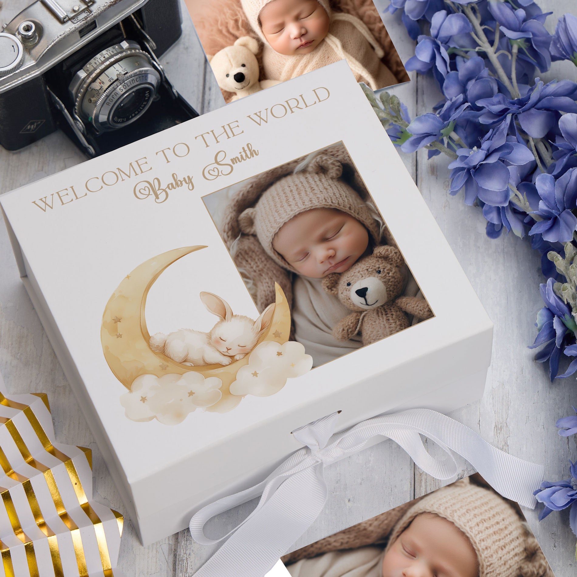 Personalised White Baby Memory Box, Cute Sleeping Animal Design, Keepsake For Special and Favourite Mementos