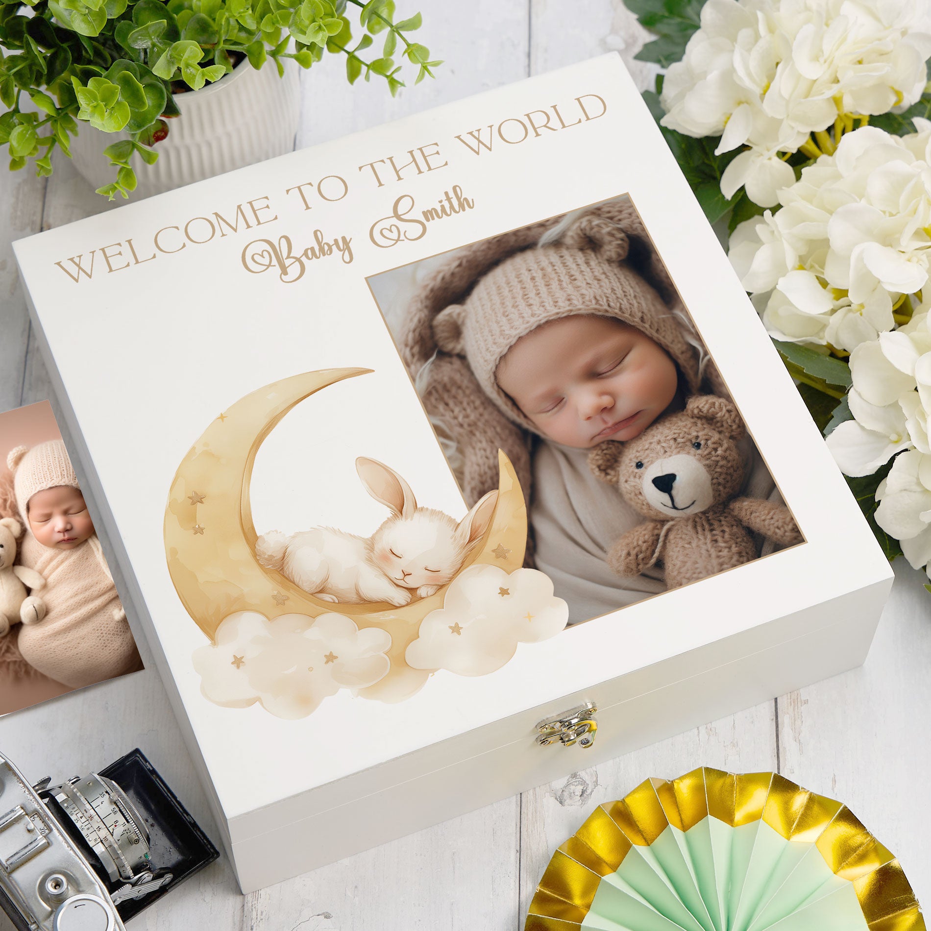 Personalised White Baby Memory Box, Cute Sleeping Animal Design, Keepsake For Special and Favourite Mementos