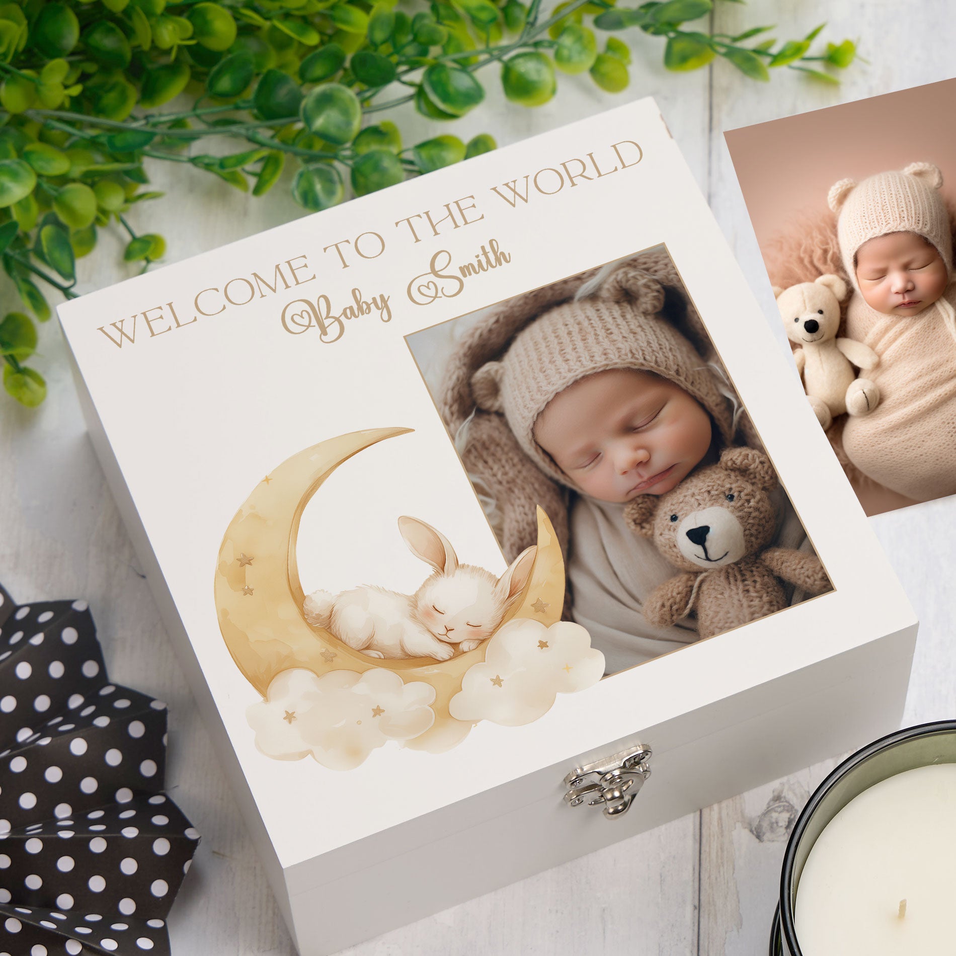 Personalised White Baby Memory Box, Cute Sleeping Animal Design, Keepsake For Special and Favourite Mementos