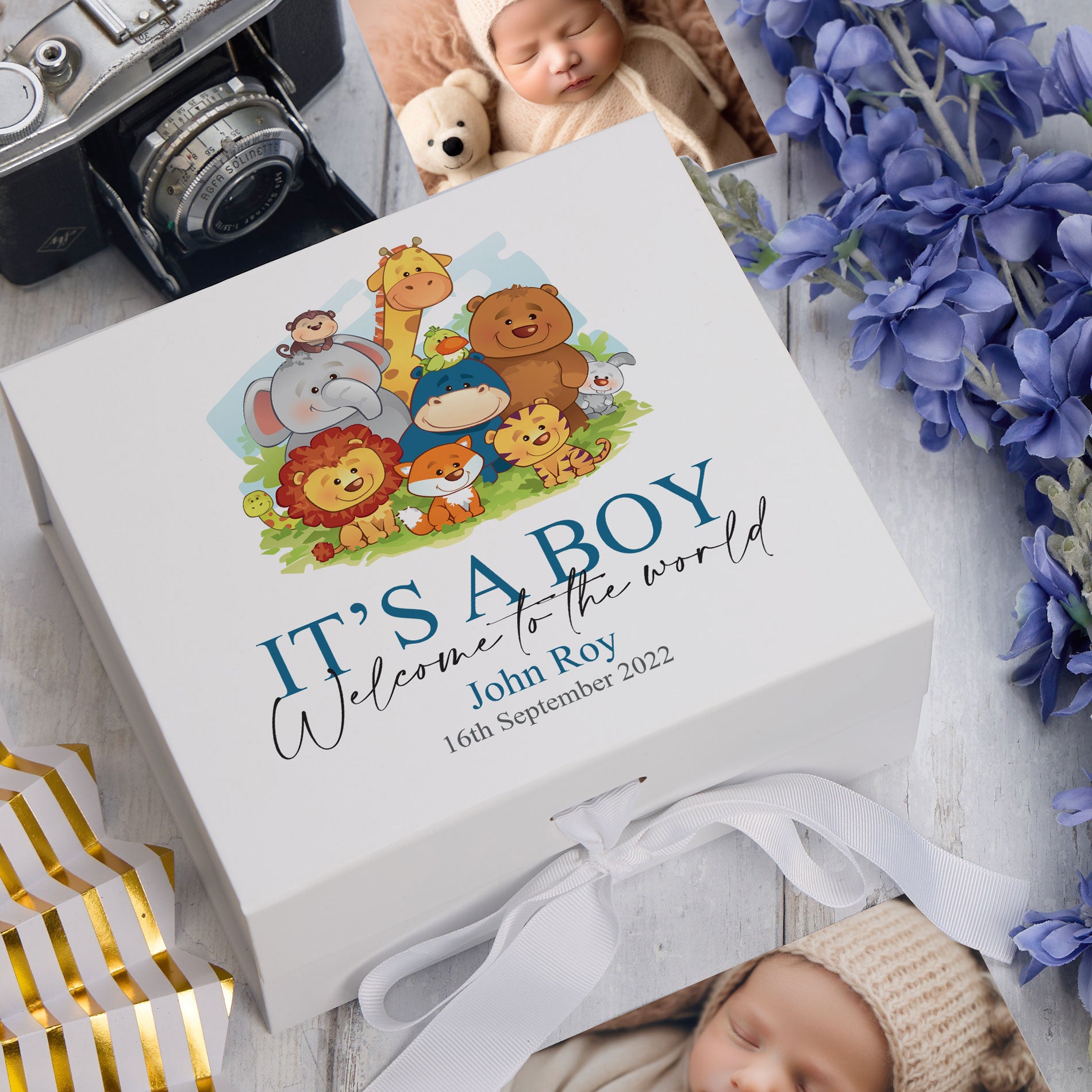 Personalised Baby Boy Cute Jungle animal Themed Keepsake Box Gift
