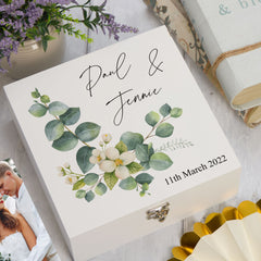 ukgiftstoreonline Personalised Wedding Keepsake Memory Box Gift Eucalyptus Design Keepsake Memory Box ukgiftstoreonline Medium Wood