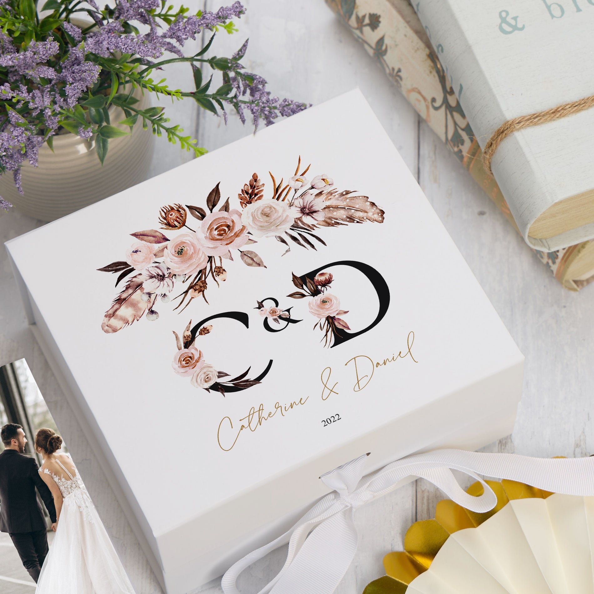 ukgiftstoreonline Personalised Boho Style Black Text Wedding Keepsake Memory Box Gift