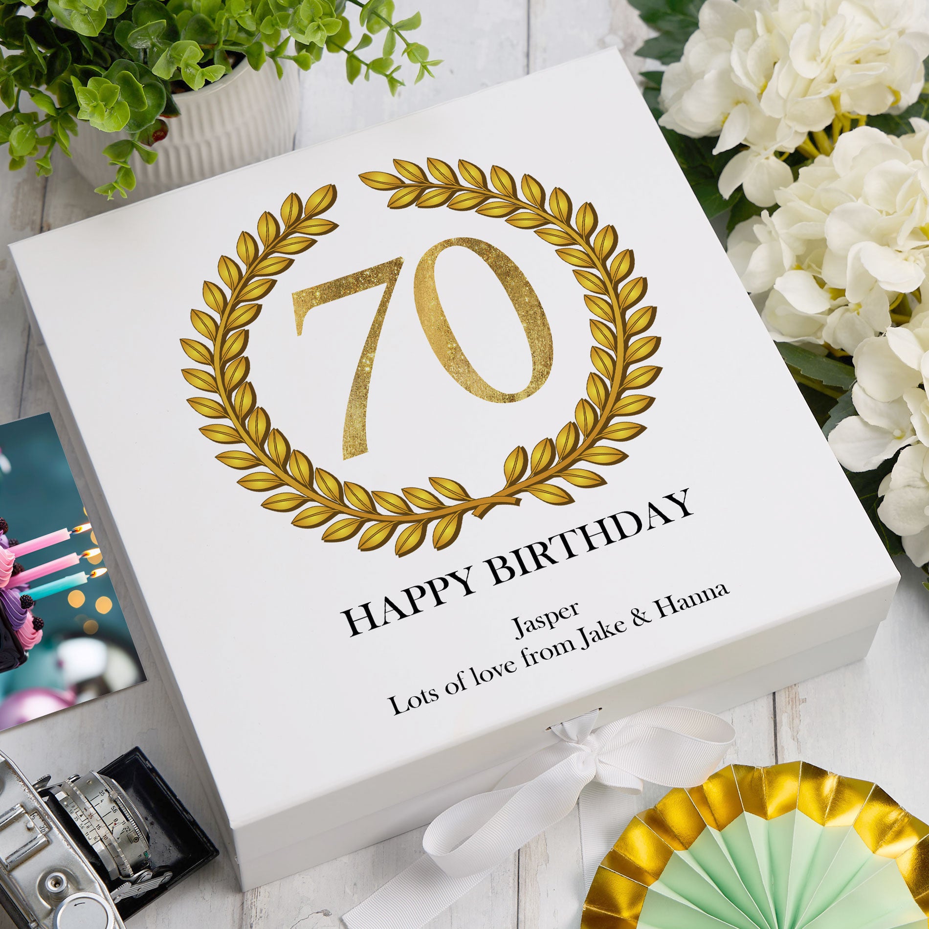 Personalised 70th Birthday Gift for him Keepsake Memory Box Gold Wreath Design