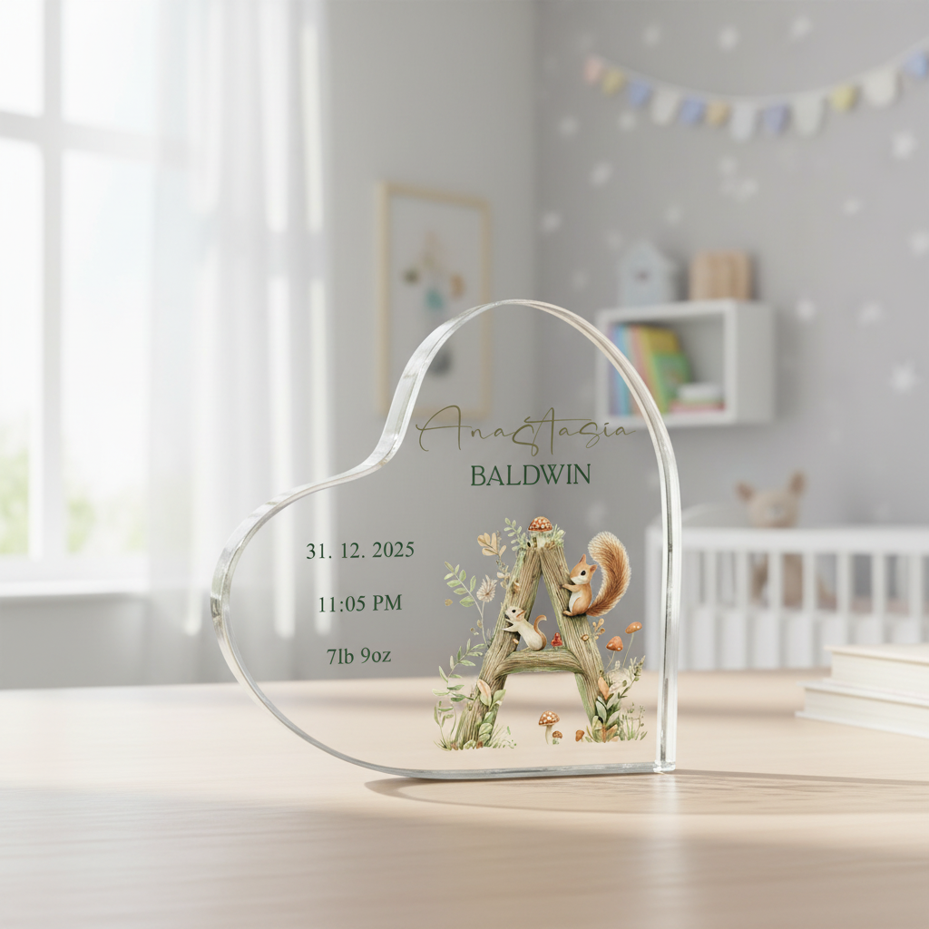 Personalised New Baby Gift Heart-Shaped Acrylic Plaque Custom Keepsake Woodland Alphabet Design Acrylic Glass Gift ukgiftstoreonline