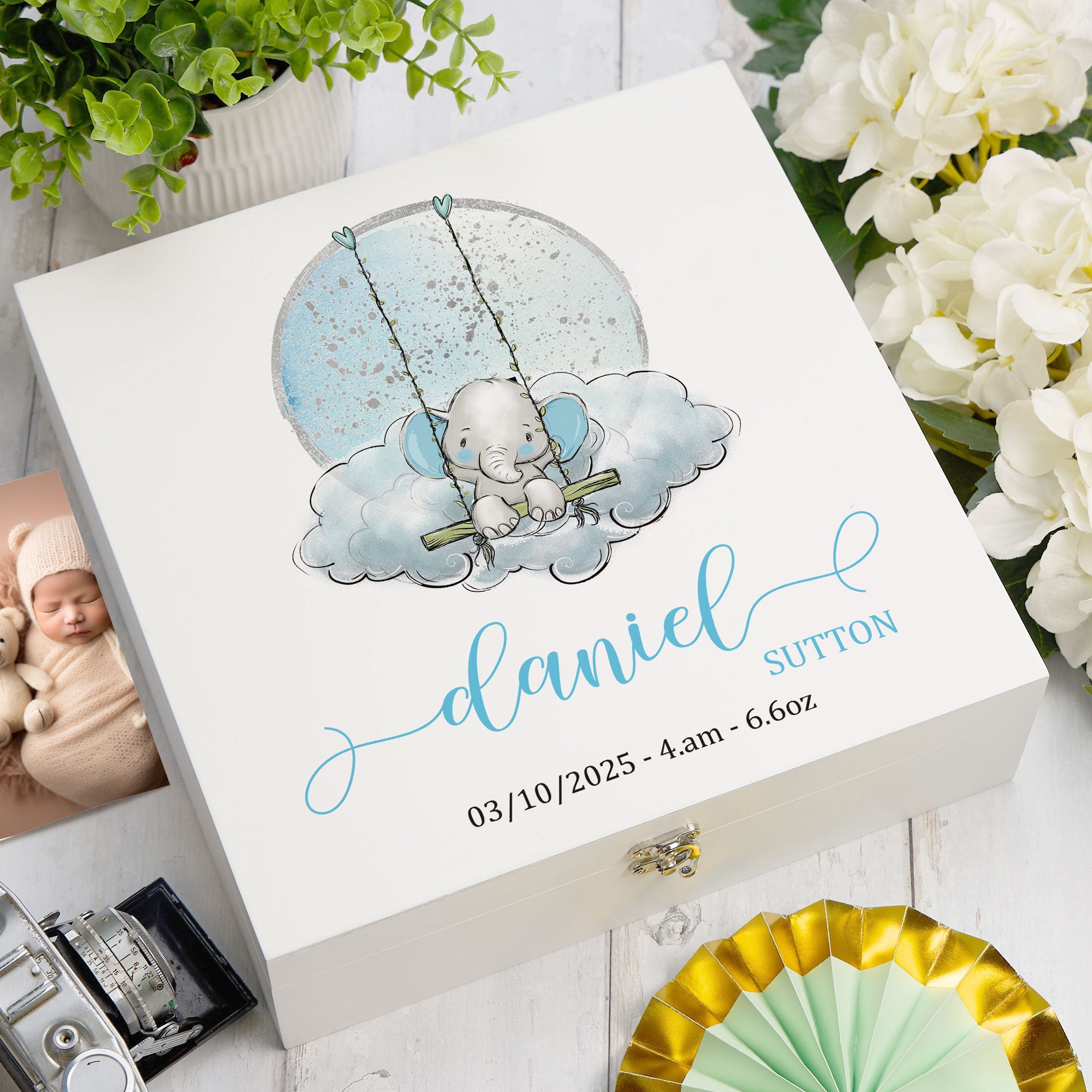 ukgiftstoreonline Personalised Baby Boy Gift Keepsake Memory Box Elephant On Swing