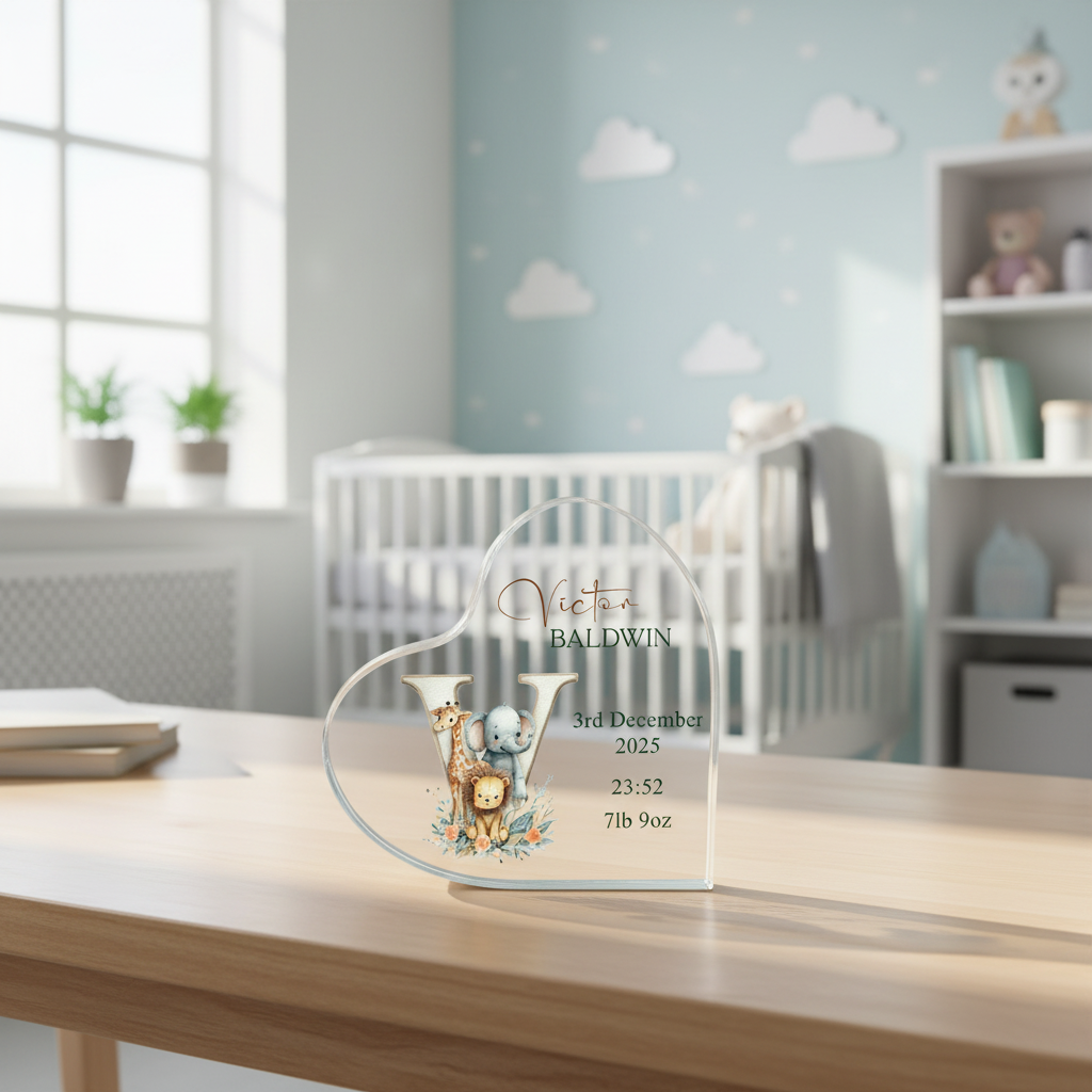 Personalised New Baby Gift Heart-Shaped Acrylic Plaque Custom Keepsake Safari Animals Alphabet Acrylic Glass Gift ukgiftstoreonline