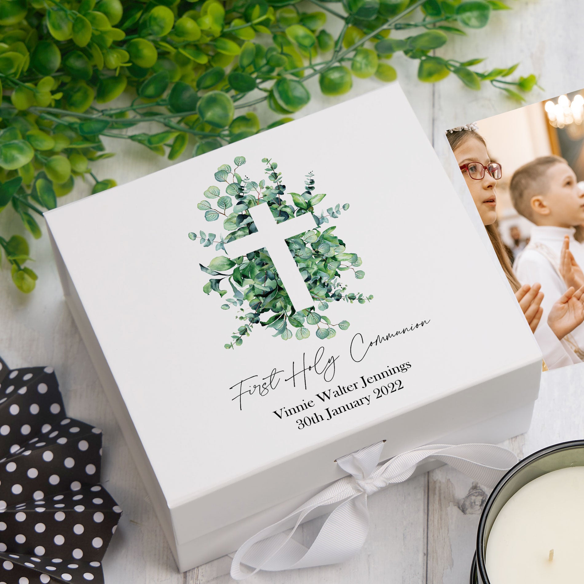 Personalised First Holy Communion Keepsake Box Gift With Cross and Eucalyptus