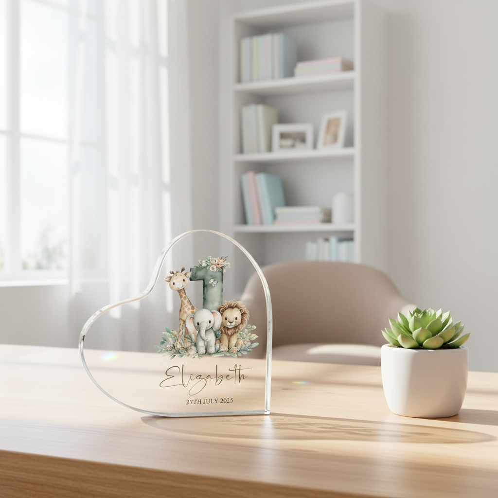 Personalised My First Birthday Baby Gift Heart-Shaped Acrylic Plaque Custom Keepsake Safari Animals Design Acrylic Glass Gift ukgiftstoreonline