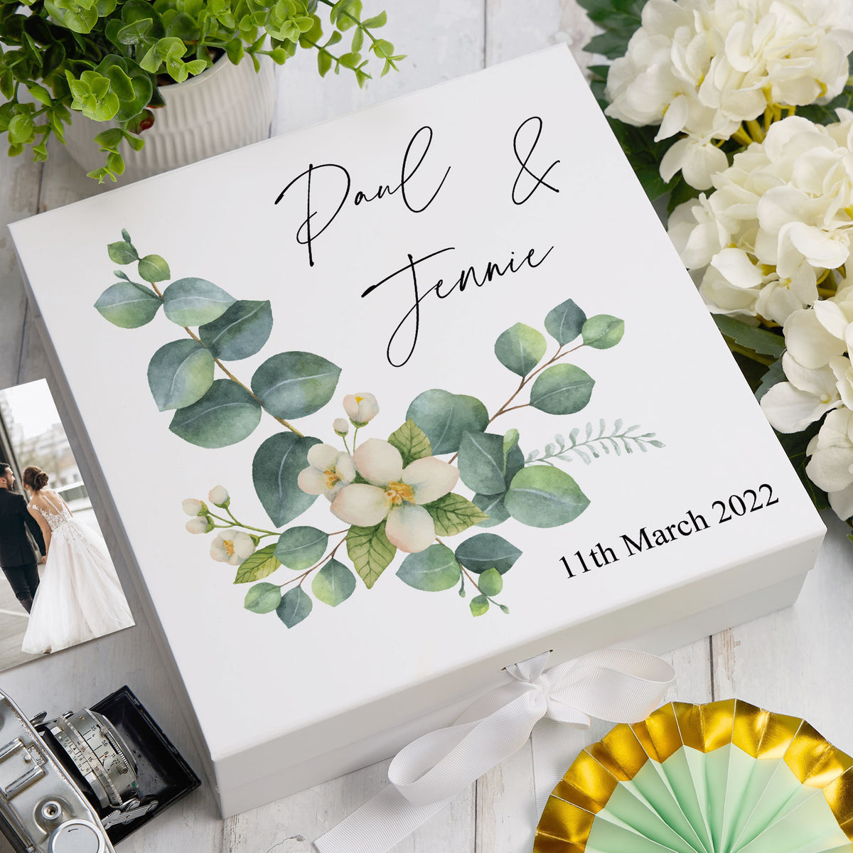 ukgiftstoreonline Personalised Wedding Keepsake Memory Box Gift Eucalyptus Design