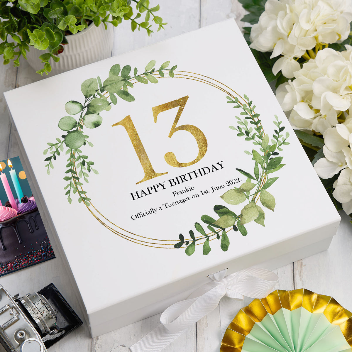 Personalised 13th Birthday Gift for her Keepsake Memory Box Gold Wreath Design