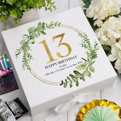 Personalised 13th Birthday Gift for her Keepsake Memory Box Gold Wreath Design