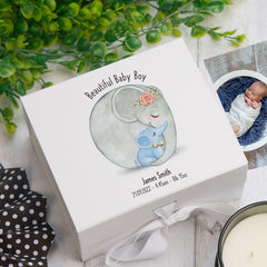 Personalised Beautiful Baby Boy Memory Keepsake Box With Elephants