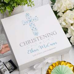 ukgiftstoreonline Personalised Christening Blue Ornate Cross Design Keepsake Memory Box