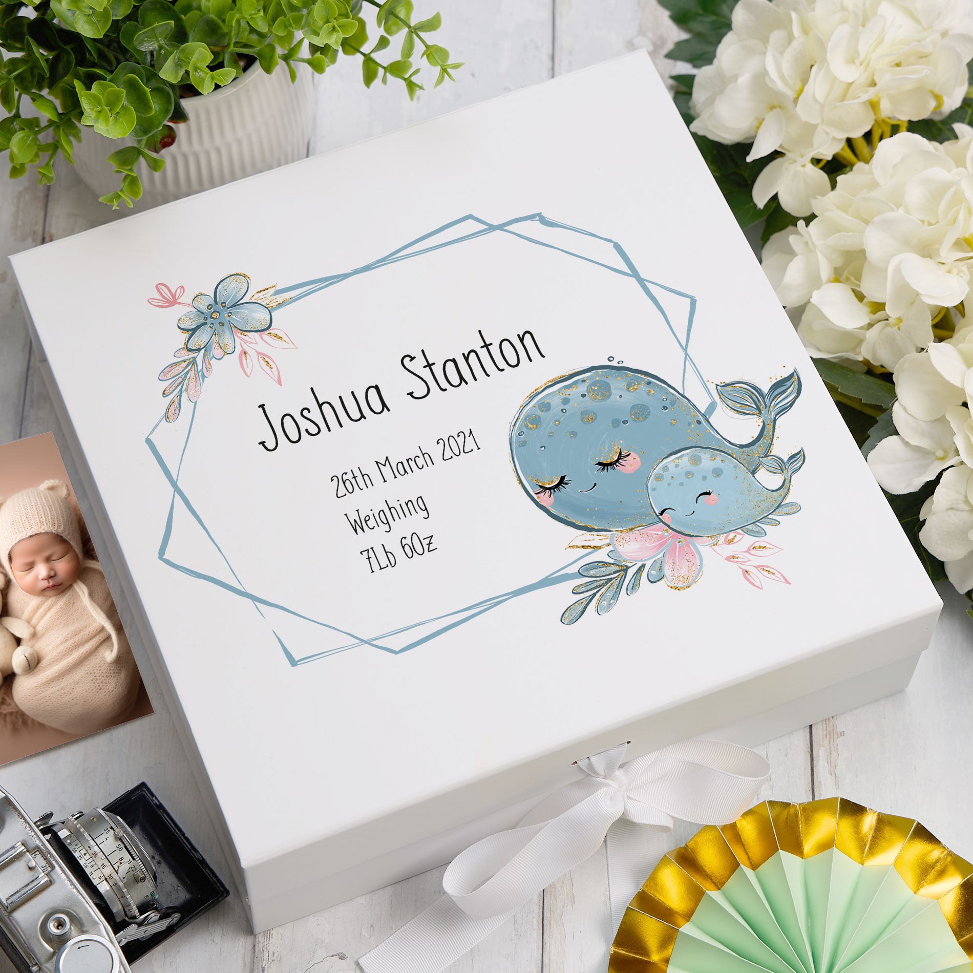 Personalised Baby Keepsake Memory Box Cute Whales UV-818