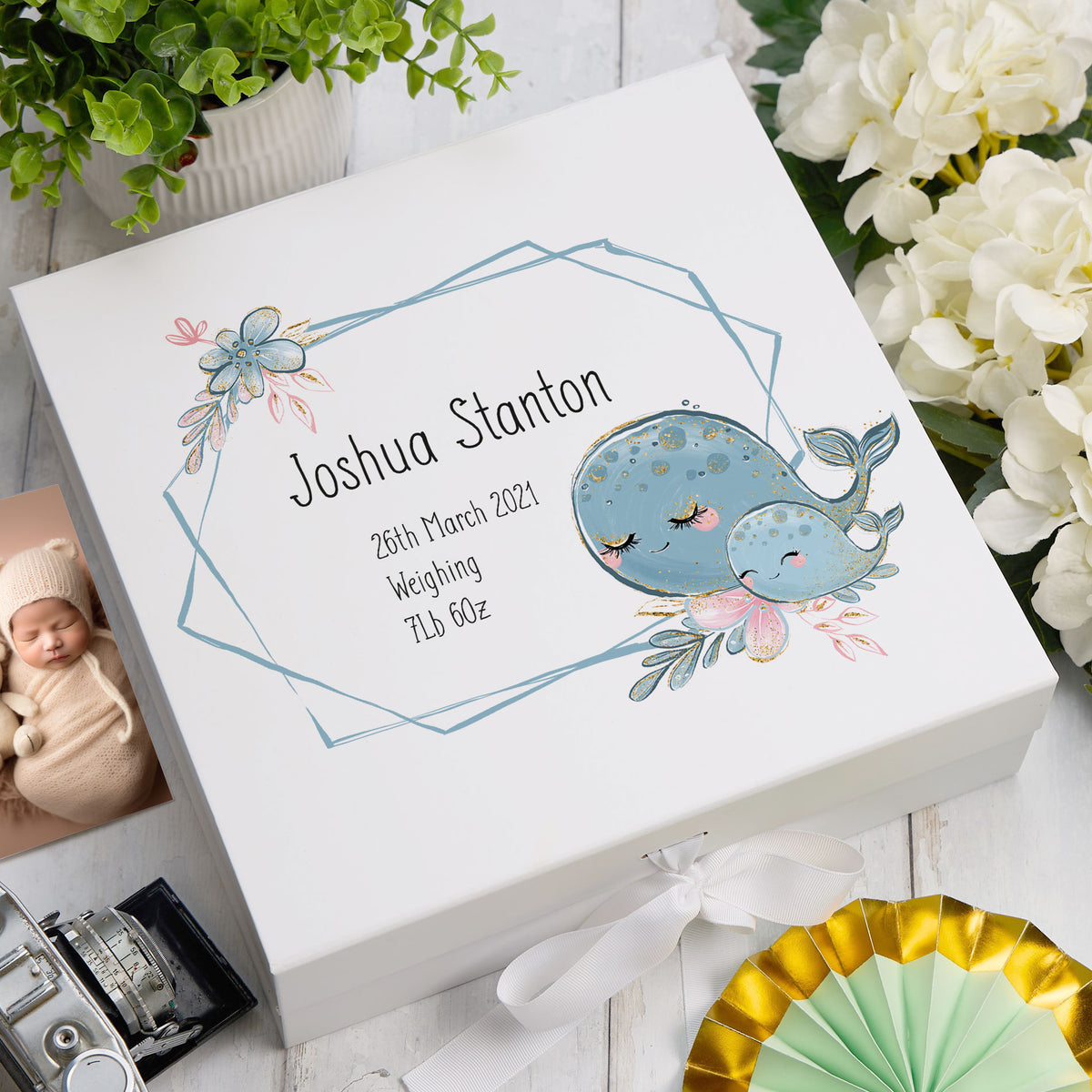 Personalised Baby Keepsake Memory Box Cute Whales UV-818