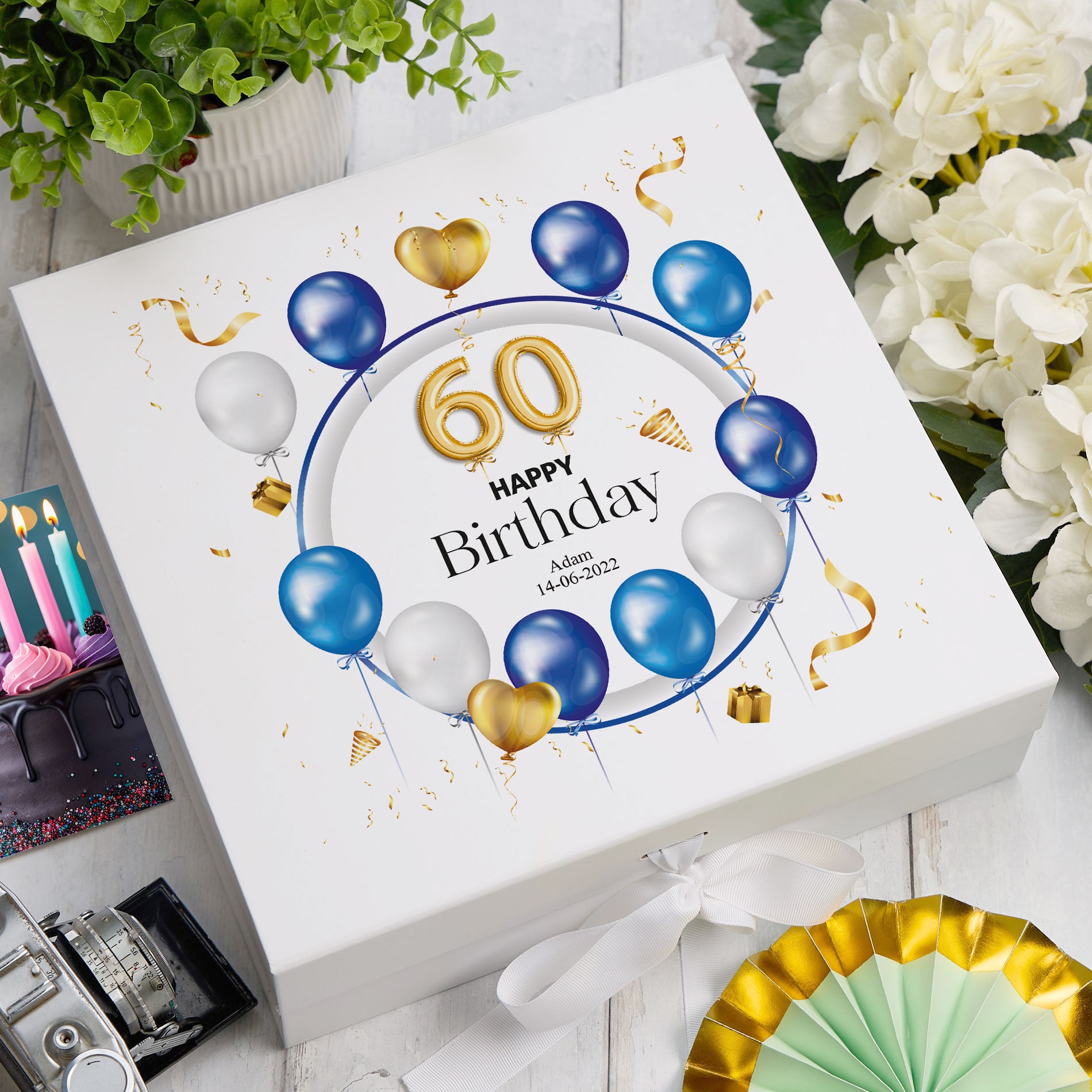 ukgiftstoreonline 60th Birthday Gift Personalised Keepsake Memory Box With Blue Balloons