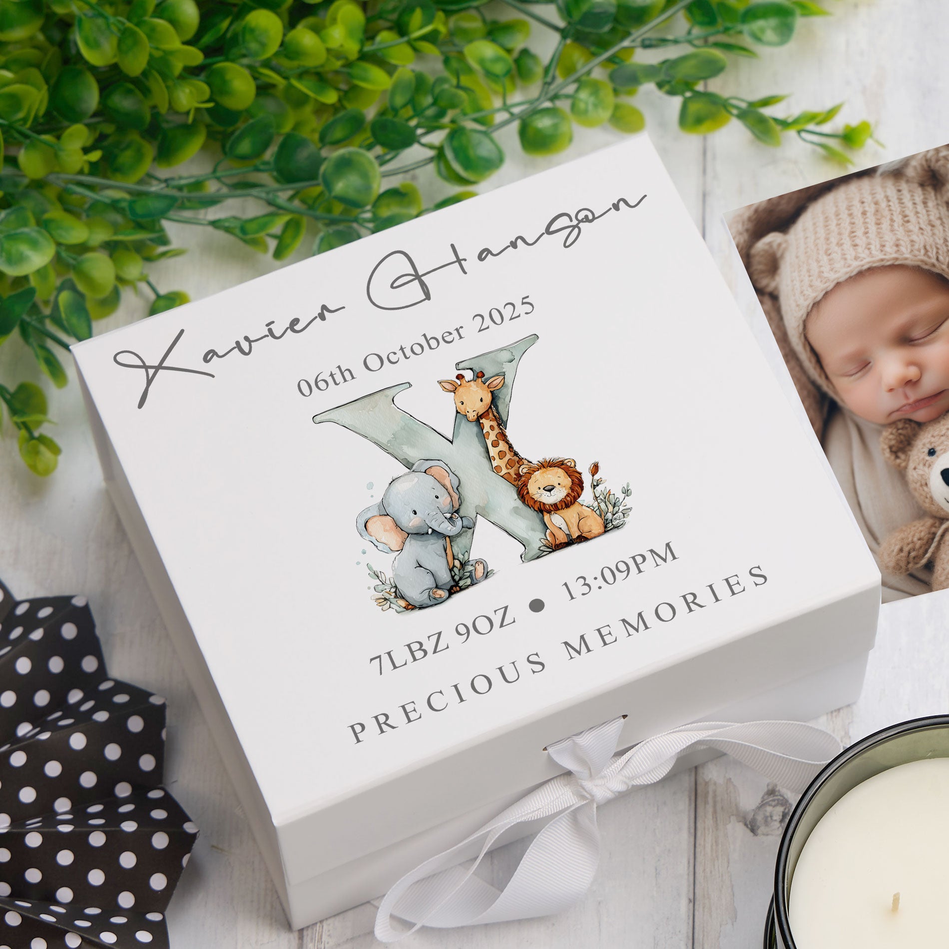 Personalised White Baby Memory Box, With Animal Alphabet Design, Special Baby Keepsake For Photos, Favourite Things and Mementos
