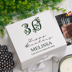Personalised 30th Birthday Green Leaf Design Keepsake Memory Gift Box.