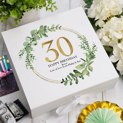 Personalised 30th Birthday Gift for her Keepsake Memory Box Gold Wreath Design