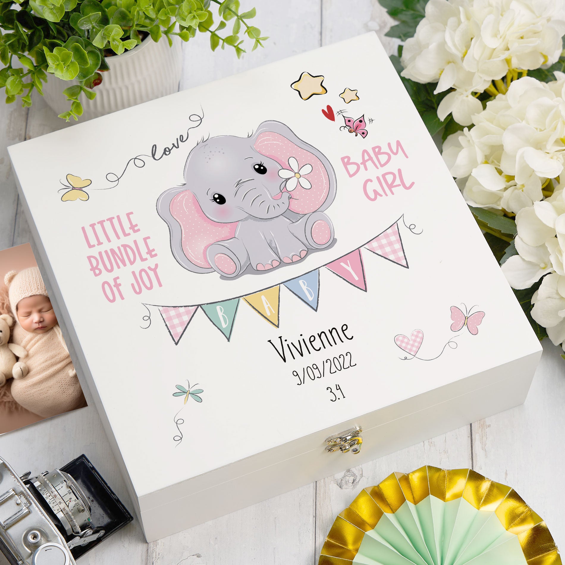 ukgiftstoreonline Personalised Luxury Wooden Baby Girl Keepsake Box Elephant Design