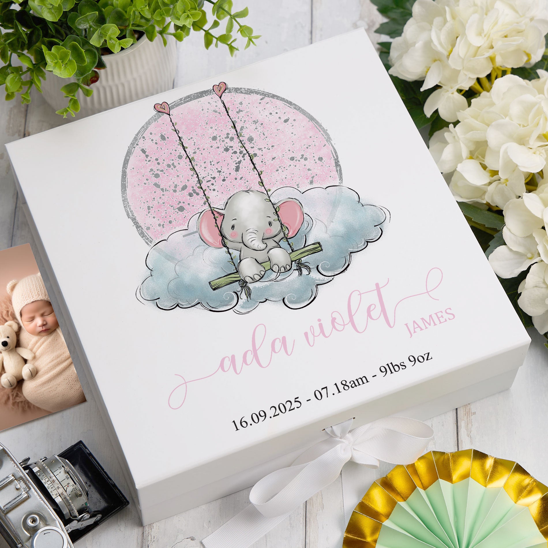 ukgiftstoreonline Personalised Baby Girl Gift Keepsake Memory Box Elephant On Swing