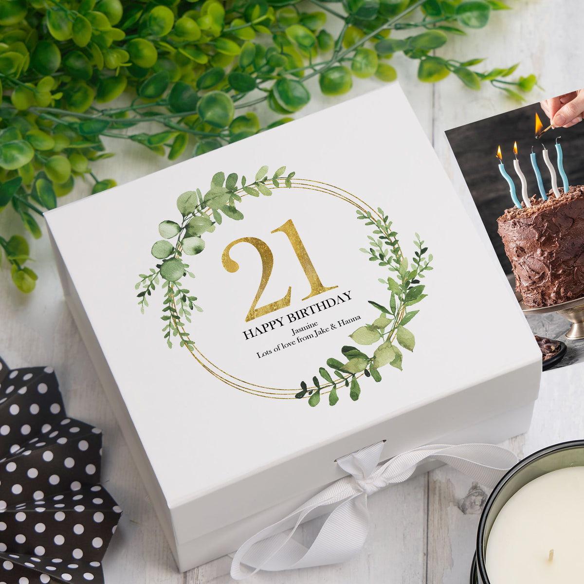 Personalised 21st Birthday Gift for her Keepsake Memory Box Gold Wreath Design