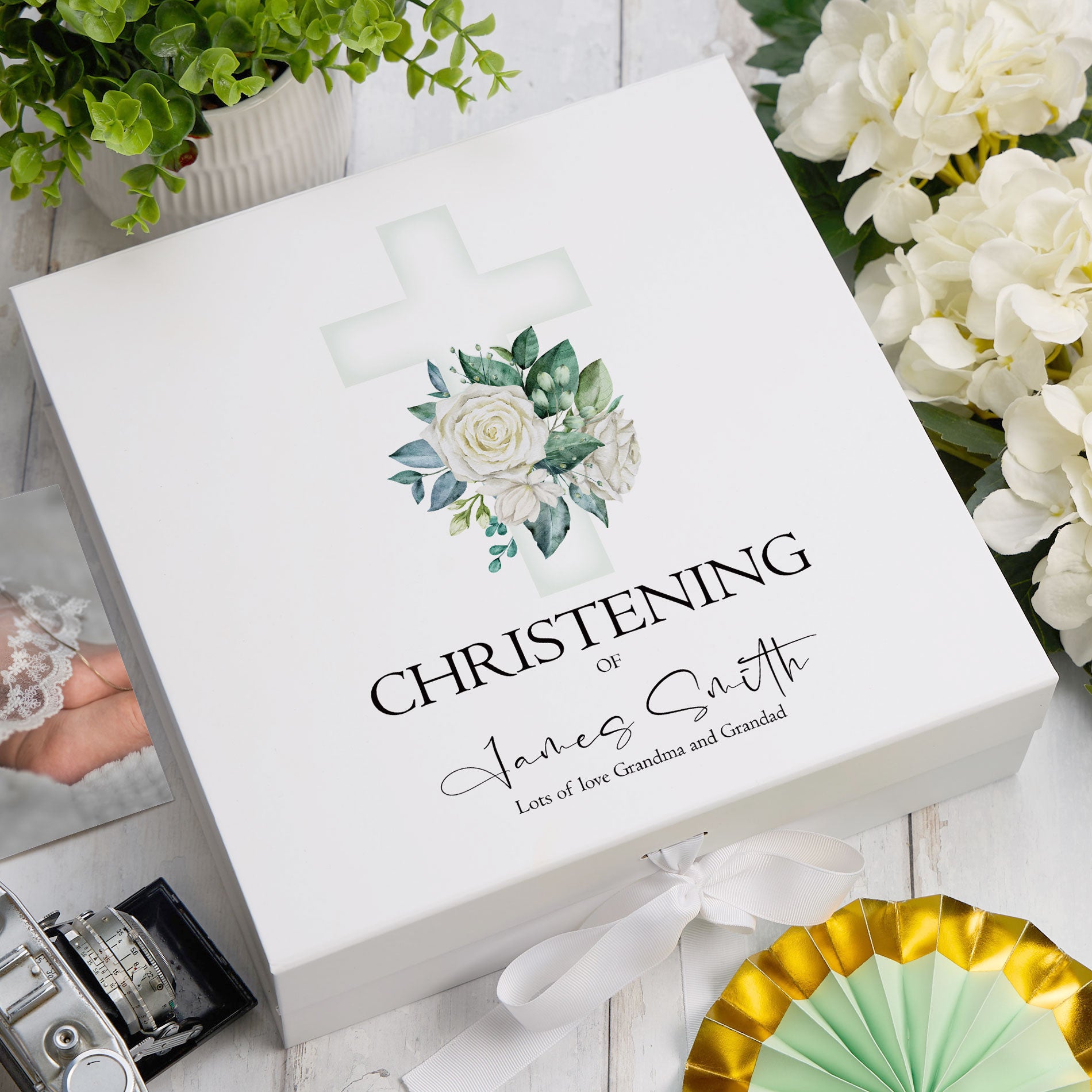 ukgiftstoreonline Personalised Christening Green Cross Keepsake Memory Box Gift