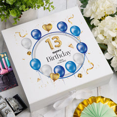 ukgiftstoreonline 13th Birthday Gift Personalised Keepsake Memory Box With Blue Balloons