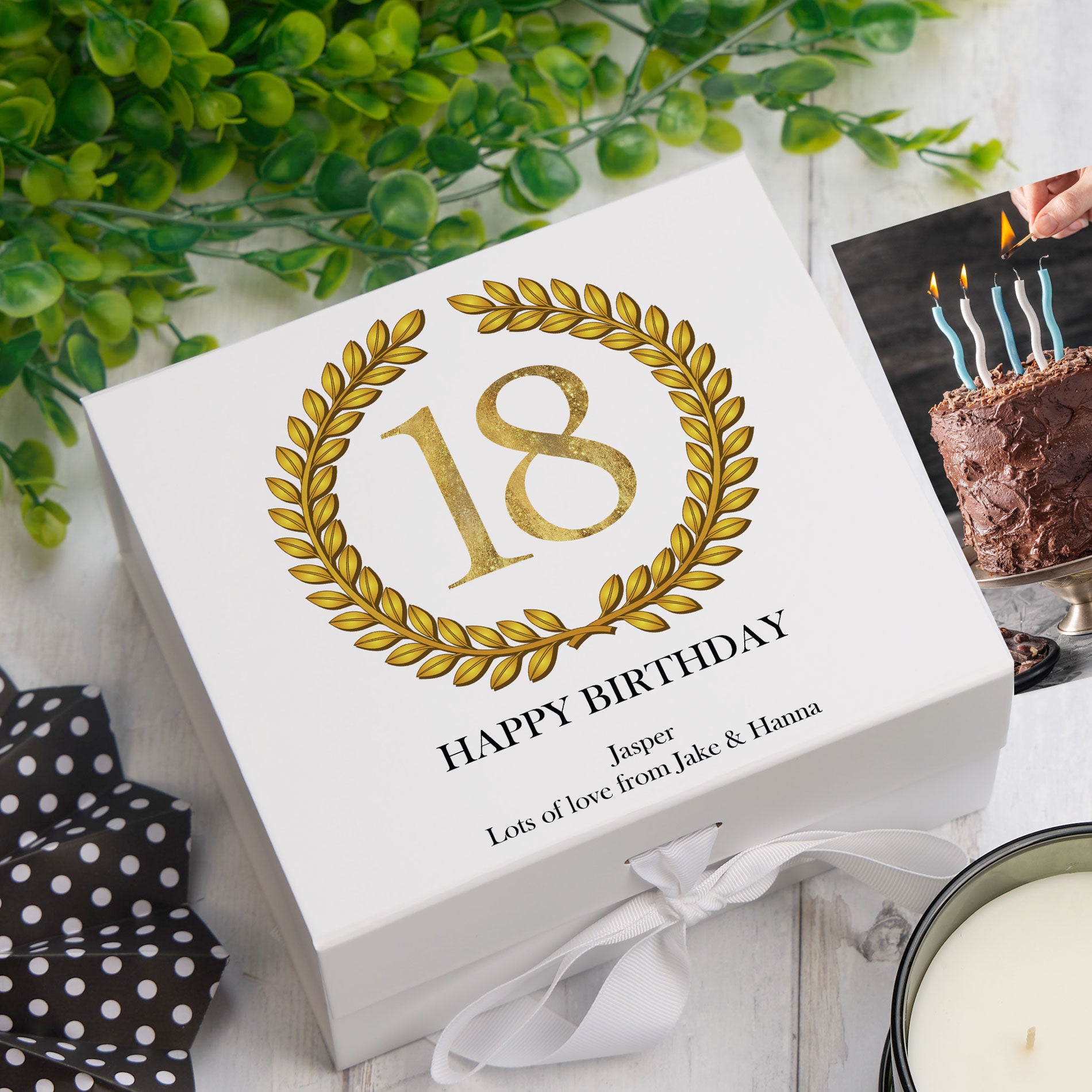 Personalised 18th Birthday Gift for him Keepsake Memory Box Gold Wreath Design