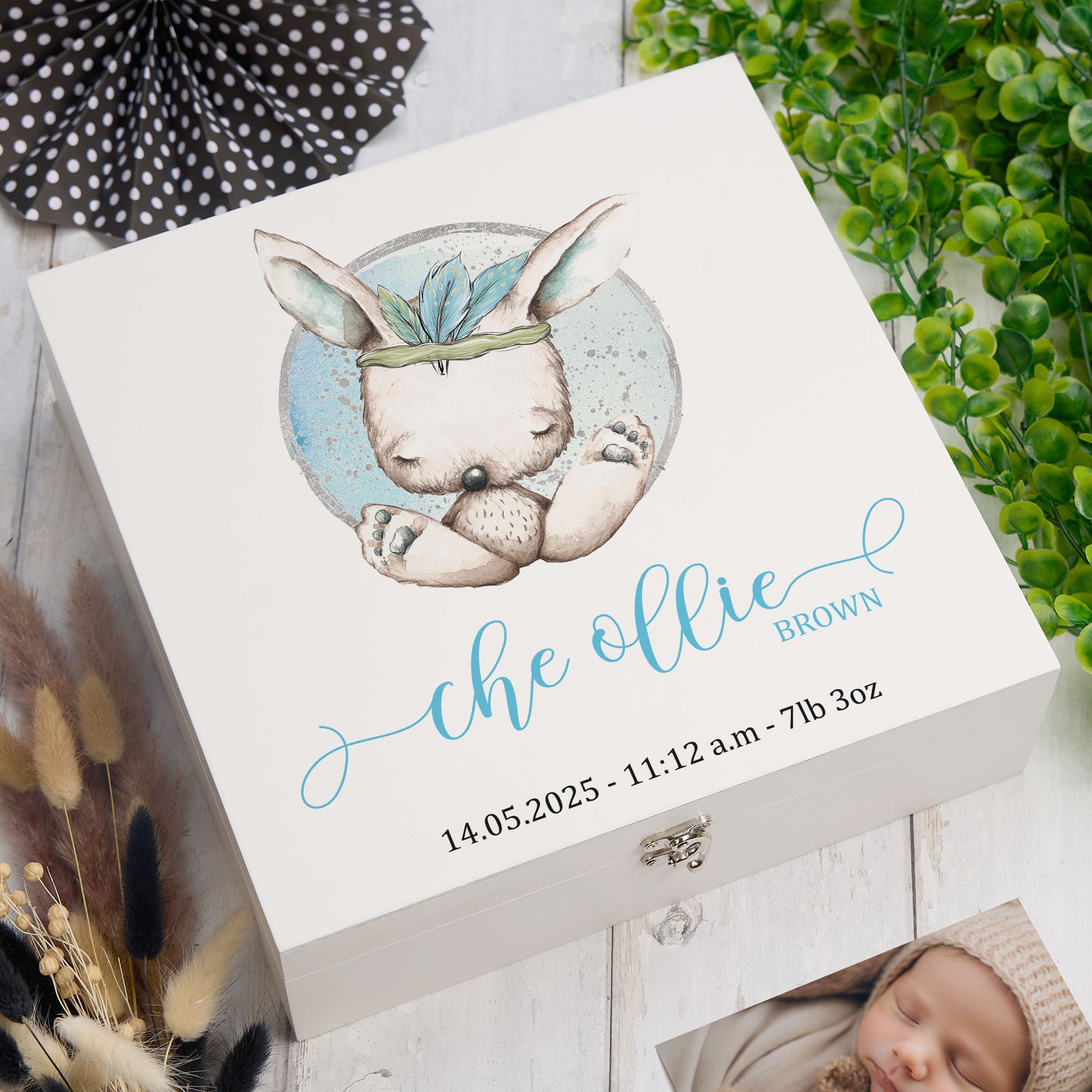 ukgiftstoreonline Personalised Baby Boy Gift Keepsake Memory Box Sitting Rabbit