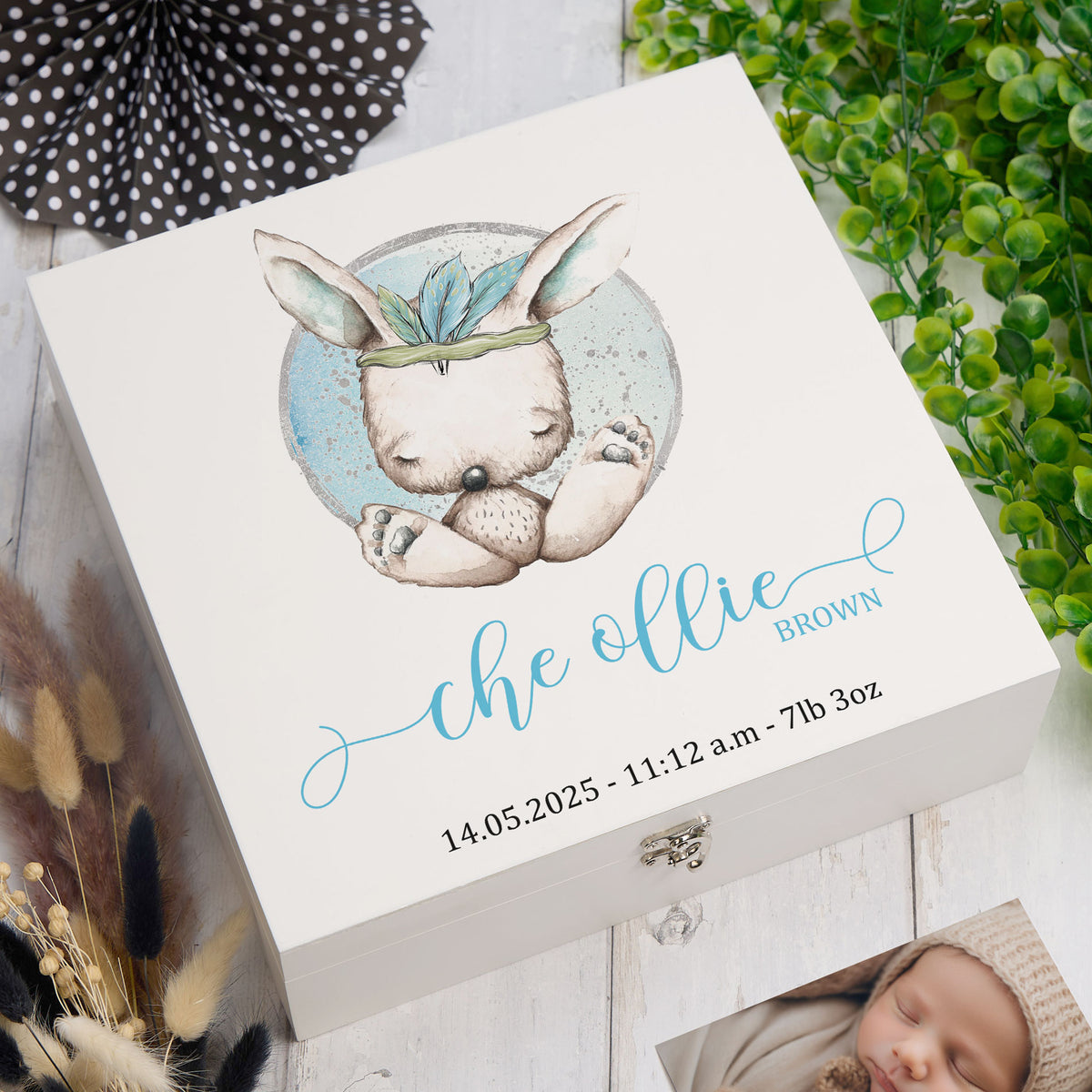 ukgiftstoreonline Personalised Baby Boy Gift Keepsake Memory Box Sitting Rabbit Baby Product ukgiftstoreonline Large Size Wood Box