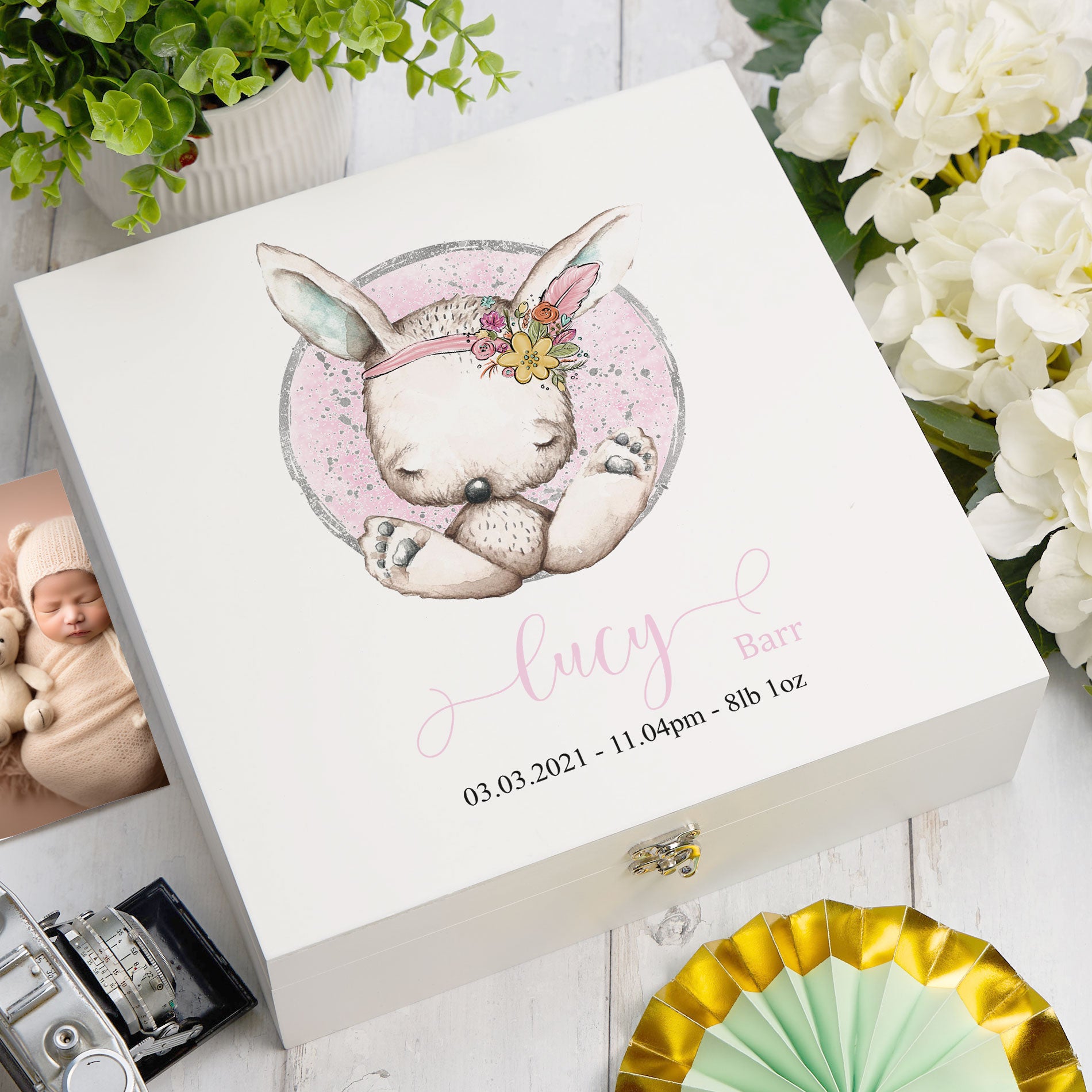 Personalised Baby Girl Gift Keepsake Memory Box Sitting Rabbit