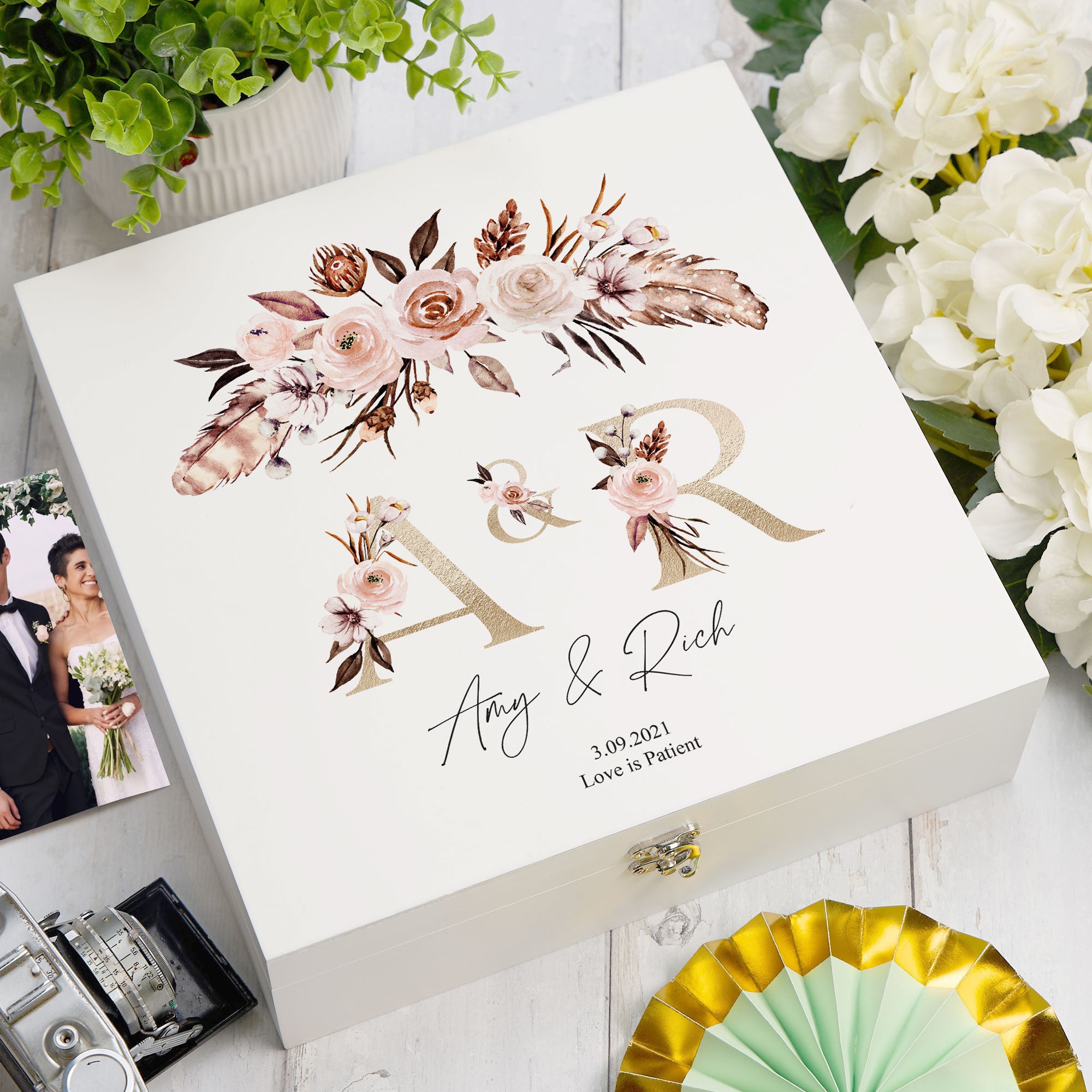 ukgiftstoreonline Personalised Boho Style Golden Text Wedding Keepsake Memory Box Gift Keepsake Memory Box ukgiftstoreonline Wood Box Large