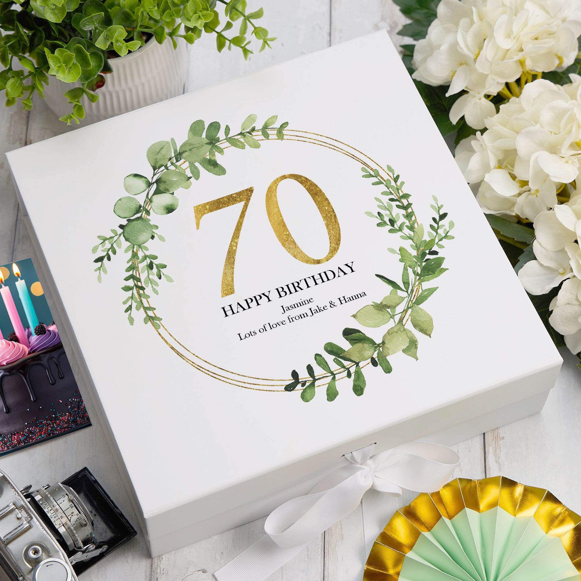 Personalised 70th Birthday Gift for her Keepsake Memory Box Gold Wreath Design